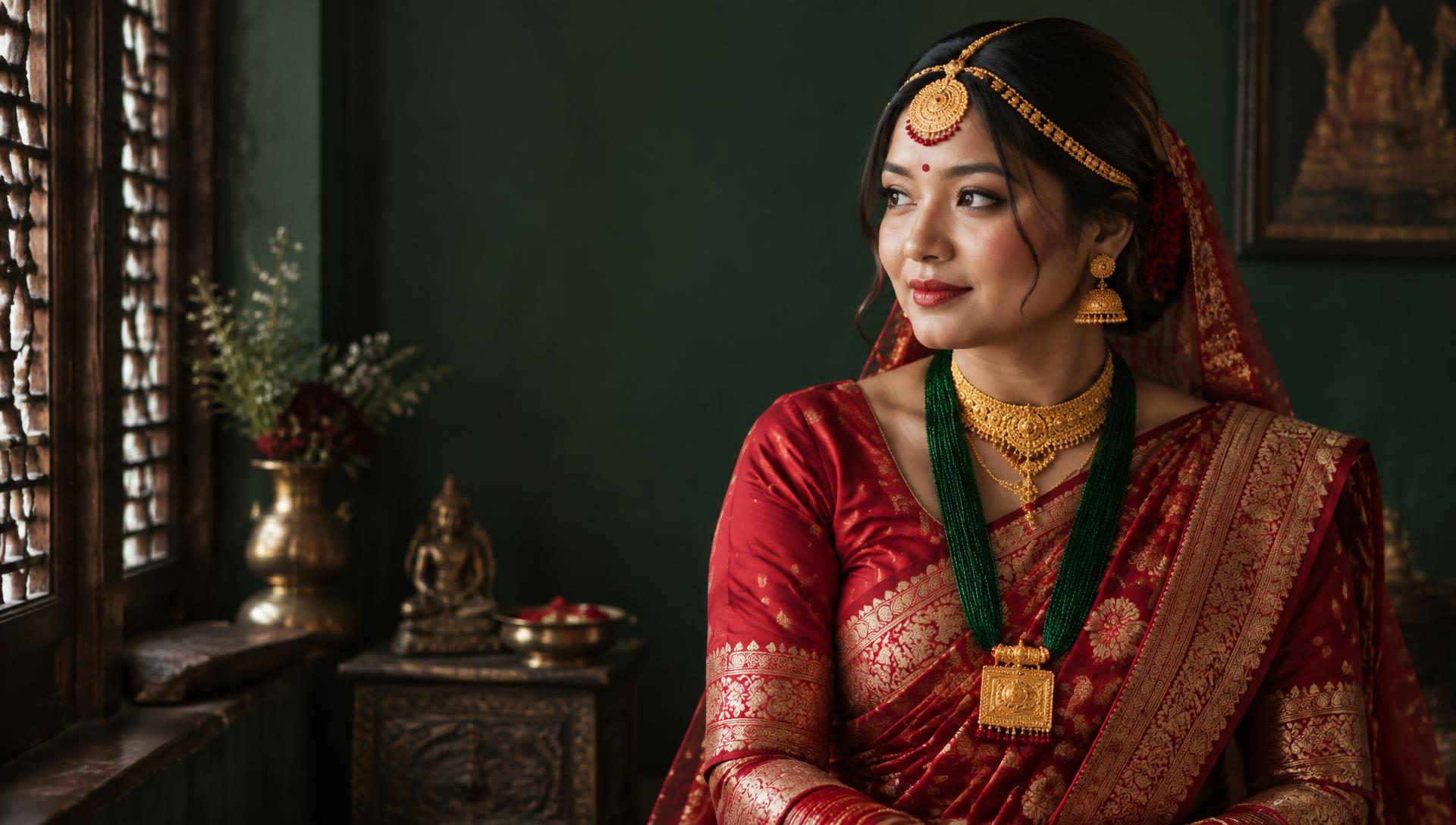 Nepali bride in a red sari wearing a gold necklace, tilhari and jhumka earrings